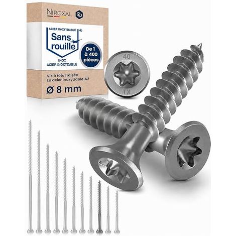 Vis à bois inox A2 V2A H2 Torx TX tête fraisée 90° filetage total 8 mm 8x80 mm vis bois structure (1/5)