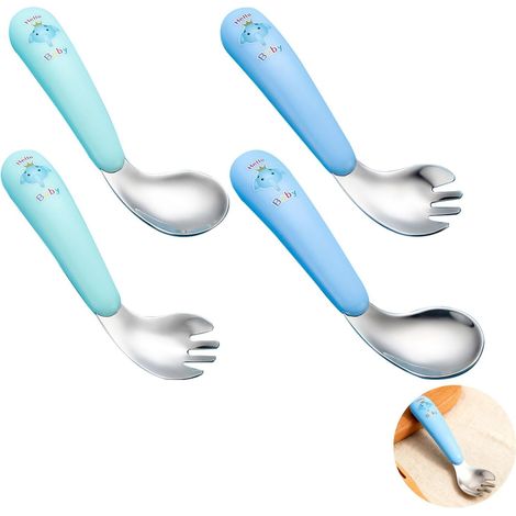 4 Pièces Couverts Enfant, Cuillère Courbée Ergonomique, Fourchette Acier Inoxydable 304, Motif Éléphant, 13 cm, Apprentissage Autonome
