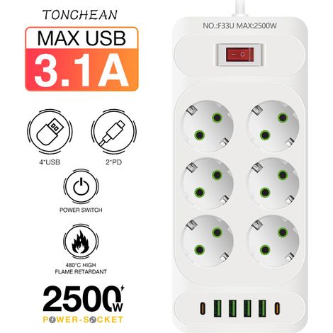 TONCHEAN Multiprise Murale 6 Prises et 4 USB avec 2 USB C, Electrique 12 en 1, Multiprise Secteur pour la Maison Le Bureau Blanc (1/5)