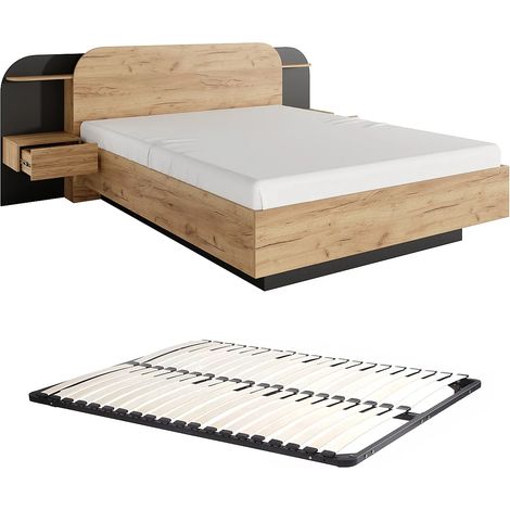 Letto con comodini 160 x 200 cm Con LED Naturale e Nero + Rete - JUVISIA (1/5)