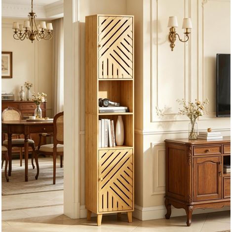 Moderner Eckschrank,Hoher Schmalschrank mit offenen Fächern und gemusterten Türen,Schlanker Stehschrank mit viel Stauraum(nur mit Eckschrank) (1/5)