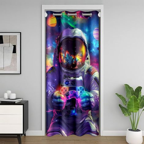 Rideau de porte pour enfants, motif astronaute, manette de jeu vidéo, jeu vidéo, galaxie, planètes, néon, décoration de porte pour chambre à coucher, salon, arc-en-ciel, 1 panneau, 106,7 x - 42"W x 80 (1/5)