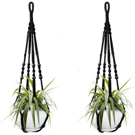 [NON UTILIZZATO] Due cestini sospesi in corda di cotone nera per piante da interno, 98 cm ciascuno, decorati con perline di legno. Ganci non inclusi.