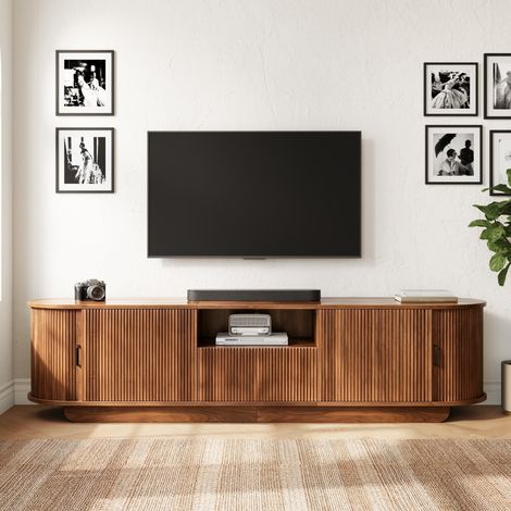Mueble TV 180 x 40 x 50 cm con puertas correderas, estructura 3D ondulada, nogal OKMYHOME (1/5)