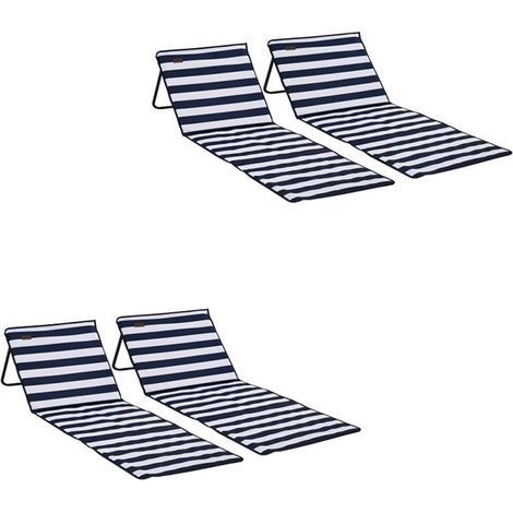 Strandmatte 4er-Set faltbar verstellbar mit Tragetasche und Magazintasche, Stahl und Oxford-Gewebe in Blau und Weiß