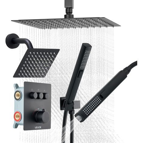 VEVOR Set Doccia con Sistema Doccia a Pioggia da 304 mm, Soffione a Parete, Doccetta, Soffione a Pioggia Doppio Girevole, 3 Funzioni, Kit di Finitura Valvola in Ottone, Termostatico Nero Opaco