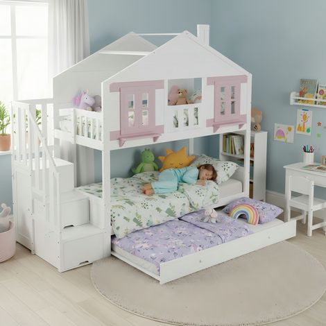 Letto a castello bambini 90x200 cm con letto estraibile e rete a doghe, bianco e rosa, materasso non incluso (1/5)