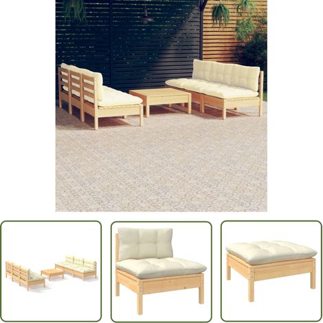 The Living Store 7-tlg. Garten-Lounge-Set mit Creme Kissen Kiefernholz - Gartensaison - Gartenmöbeln - Outdoor Möbel - Loungeset - Rattan Gartenmöbel (1/5)