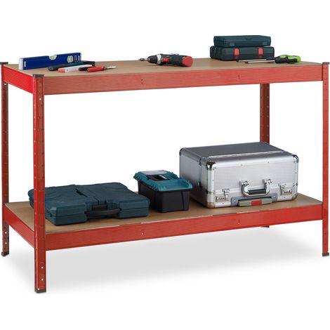 Relaxdays Mesa de Trabajo, 600 kg, Banco Taller, 91 x 141 x 61 cm, 2 Niveles Regulables, Estante de Acero y MDF, Rojo (1/5)