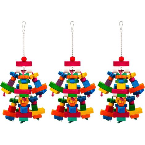 Lot de 3 grands jouets à mâcher colorés en bois naturel pour perroquets gris d'Afrique, cacatoès, perroquets, aras et autres oiseaux de taille moyenne. Accessoires pour cage. (1/5)