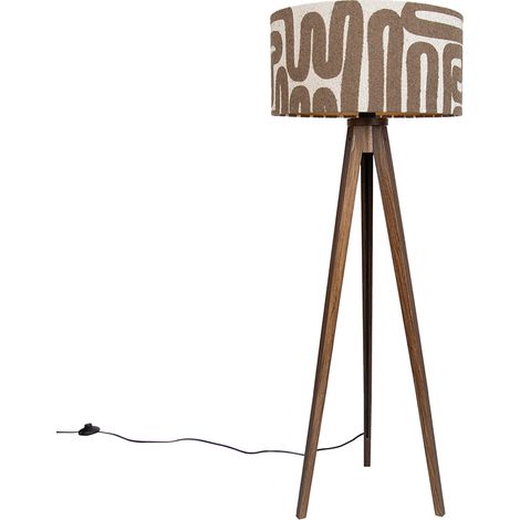 QAZQA Floor Lamp Walnut Wood Tripod with Brown and Beige Striped (1/5)