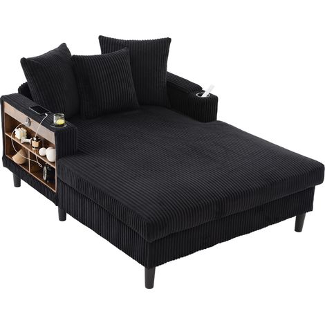 Canapé lounge multifonctionnel en velours côtelé avec chaise longue, grande surface de couchage, porte-gobelets des deux côtés, éclairage LED, poche latérale, rangement, port de charge USB, pieds en p