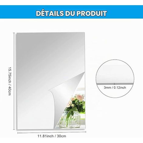 Self-Adhesive Wall Mirror, Large Rectangular Acrylic Wall Mirror Adhesive Flexible Unbreakable DIY Wall Decor Frameless for Bathroom, Living Room, Bedroom, 40 x 30 cm (1/2)