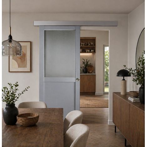 Puerta corredera Athena gris claro con vidrio H204 x L73 cm, riel de aluminio, GD MENUISERIES