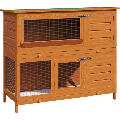 Clapier d'extérieur en bois à 2 niveaux avec toit ouvrant en asphalte, rampe, portes et 2 plateaux amovibles, 120 x 48 x 100 cm, bois naturel - matériau durable, installation facile, adapté aux oiseau