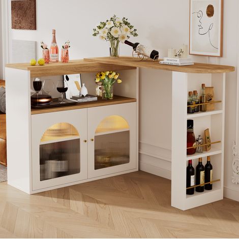 Bar extensible 138-193x39x105 cm blanc en MDF avec LED, pivotant et rangement (1/5)