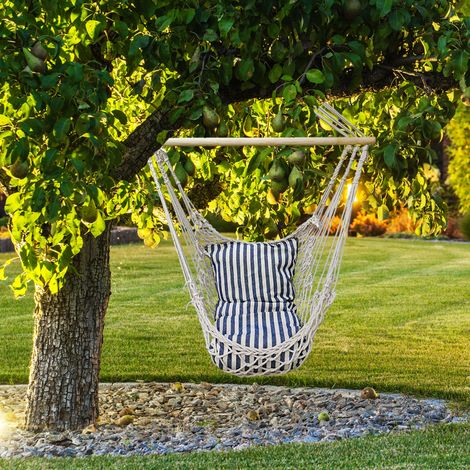 Sedia sospesa sedia sospesa da giardino con cuscino di seduta amaca per sedersi, cotone blu bianco legno, massimo 120 kg, LxP 60x70 cm