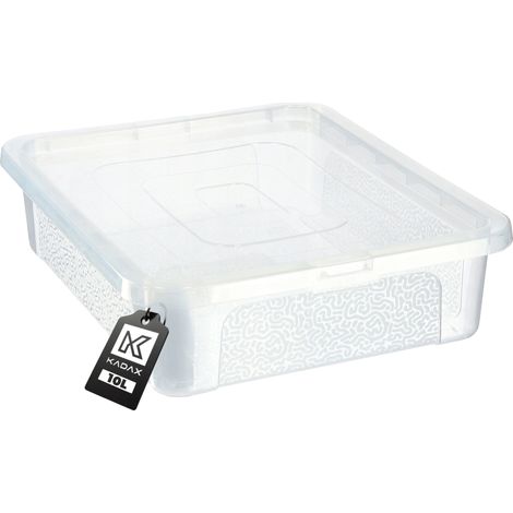 Contenedor de plástico, capacidad de 10 litros, forma rectangular, diseño apilable, almacenamiento versátil, disponible en transparente y negro. (1/5)