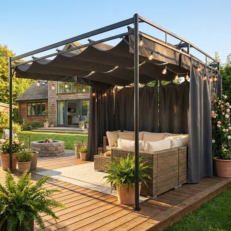 Pergola coulissante 3x3m gris anthracite avec voilages, mécanisme à poulie, abri de terrasse couvert pour jardin