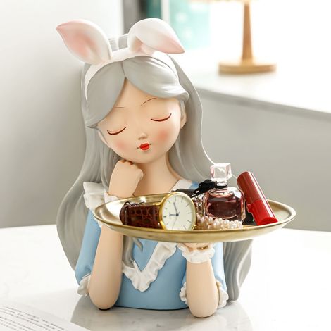 Sculpture Fille Lapin Décor d'Entrée Plateau Décoratif pour Salon Chambre