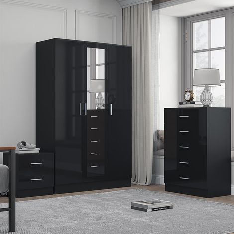 Reflect 3 Door Mirror Wardrobe, 5 Drawer Chest, 2 Drawer Bedside - Black Gloss & Black Oak - Modern Bedroom Furniture Set