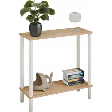 Consola tipo loft con estante de 80x30x80 cm, de metal blanco, para el recibidor. (1/5)