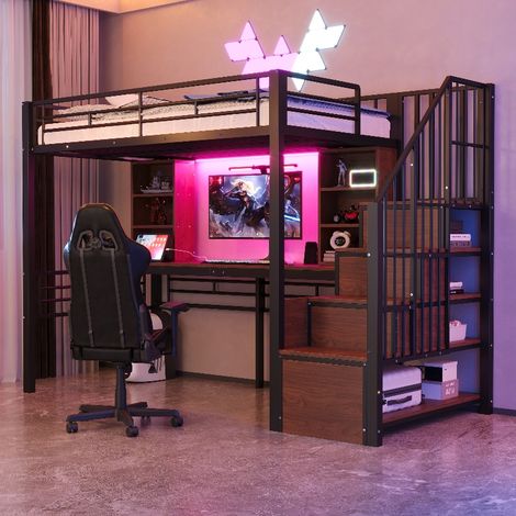 Hochbett 90x200 cm mit Schreibtisch und Stauraumtreppe, Multifunktionsbett aus Metall mit LED-Beleuchtung, Steckdose und Rausfallschutz, Schwarz (1/5)