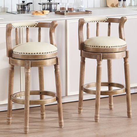 Taburete de bar giratorio de cuero auténtico y madera, con respaldo, marfil HAVRYA (1/5)