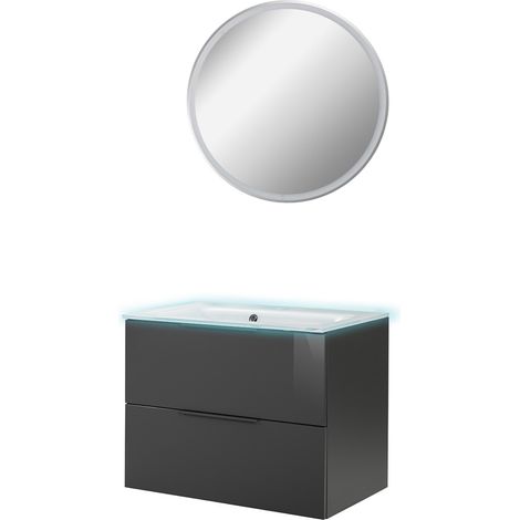 Fackelmann LUNA Badmöbel Set 4-teilig, 80 cm breit, Anthrazit, Glas Weiß+Beleuchtung+Spiegel"-"90262145 (1/5)