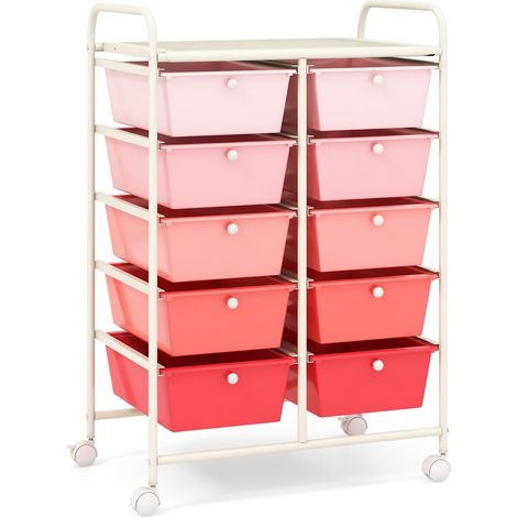 COSTWAY Chariot de Rangement 10 Tiroirs en PP, Tour de Rangement, Cadre en Métal, Desserte Meuble Tiroir pour École, Salle de Bain, Maquillage, Cuisine, Rose+blanc (1/5)