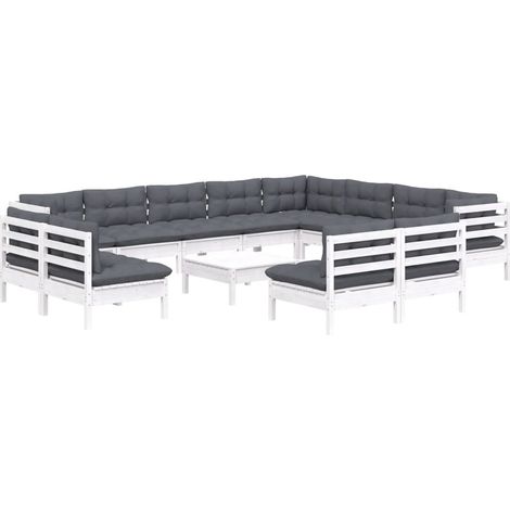 vidaXL Set Divani da Giardino 13 pz con Cuscini Bianchi Legno di Pino (1/4)