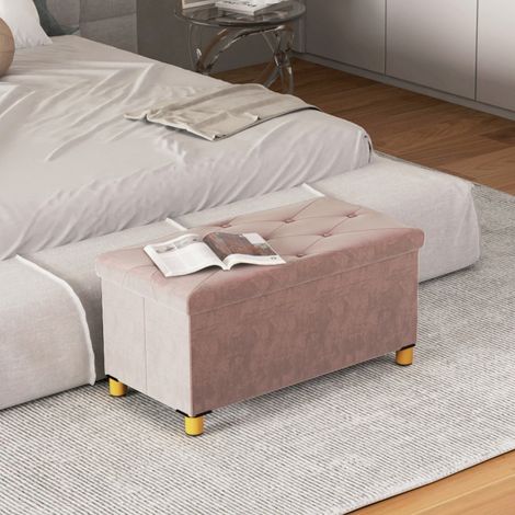 Banc de rangement bout de lit pliable volume 67 L capacité de charge 120 kg avec couvercle 76L x 38l x 38H cm rose (1/4)