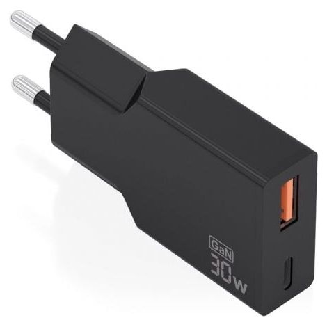 AISENS Cargador Ultra Delgado GaN 30W, 1xUSB-C PD3.0 QC4.0, 1xUSB-A QC3.0, Negro