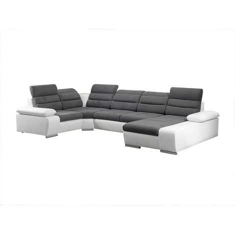 Divano letto angolare panoramico in tessuto e similpelle Bicolore grigio e bianco - Angolo a destra - BOILEAU (1/4)