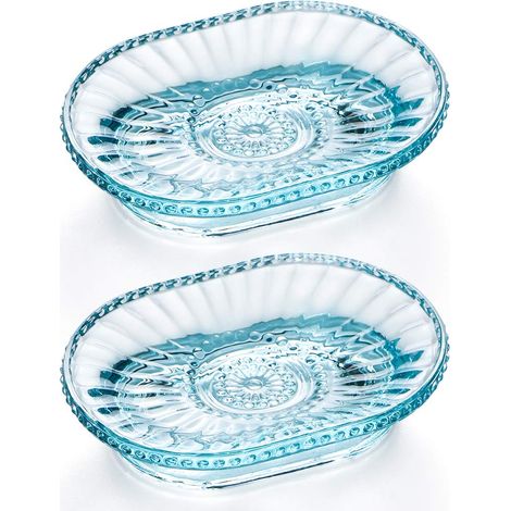 Porte-savon en verre, porte-savon en relief, boîte à savon vintage (ensemble deux pièces pour douche et baignoire, bleu)