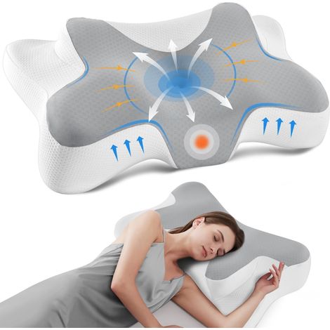 Oreiller Cervical Ergonomique Mémoire de Forme,Gris Blanc (1/5)