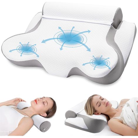Oreiller Ergonomique 2 en 1 Oreiller Mémoire Forme Coussin Cervical pour Dormir - Texture rafraîchissante - Soulager la Pression du Cou (Gris) (1/5)