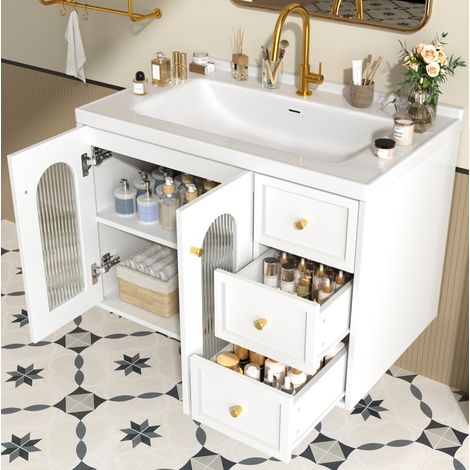 Mobile lavabo sospeso moderno bianco in MDF con lavabo integrato in ceramica, 2 cassetti e 1 anta in vetro ondulato, 80 cm (1/5)