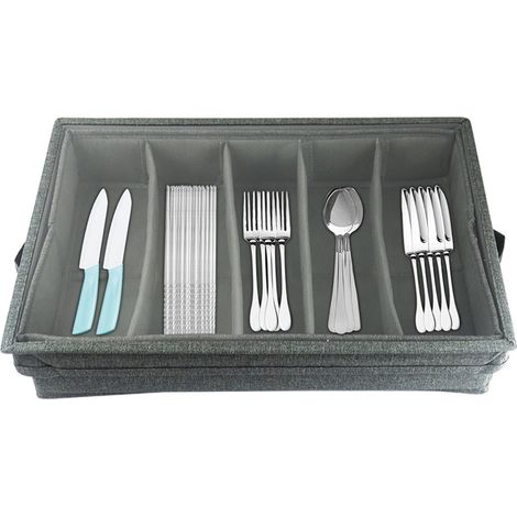 Boîte De Rangement Pour Couverts - 5 Compartiments - Pliable Avec Couvercle En PVC Et Fenêtre Transparente - Poignées Latérales - 42,5 x 29 x 8 cm - Gris (1/5)