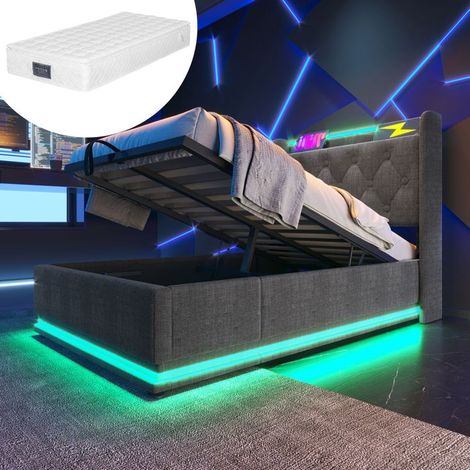 Lit rembourré gris 90x200 avec matelas 25 cm, coffre hydraulique, tête capitonnée USB‑C et LED (1/5)