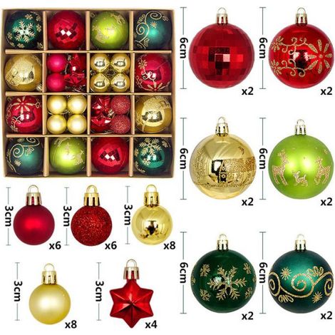 Ensemble d'ornements de sapin de Noël pour la fête à la maison, grande boule multicolore, décorations, 3cm-6cm(or rouge vert) (1/4)