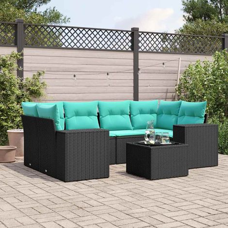 7-teiliges Gartensofa-Set mit Kissen, schwarzes Polyrattan (1/5)