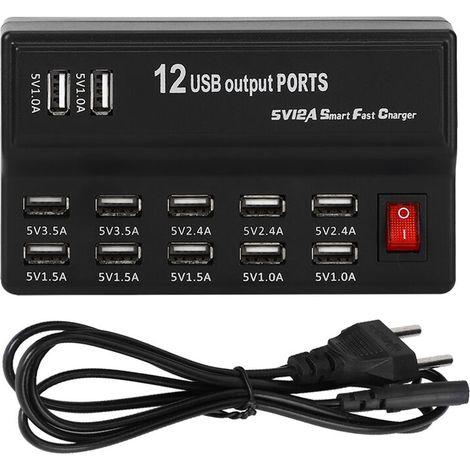 Parasurtenseur 12 Ports Multiples avec Chargeur Rapide Station USB 100-240V Concentrateur de Charge USB International avec Cordon et cosse Plate pour appareils Multiples(UE) (1/5)