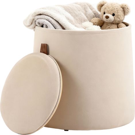 Pouf coffre rangement, pouf repose-pieds en tissu velours givré, couvercle réversible, Ø 44 x 47,5 cm, beige