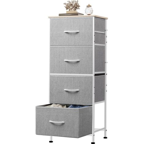 Stoffkommode mit vier Schubladen, ideal für Schlaf- oder Wohnzimmer, mit einem robusten Stahlrahmen und einer hellgrauen Holzplatte. (1/5)