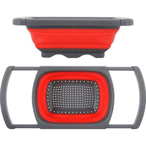 Passoire pliable, grande capacité, rétractable, poignées réglables pour tous les éviers, noire et rouge, silicone, 39,5 x 26,3 x 4,5 (1/5)