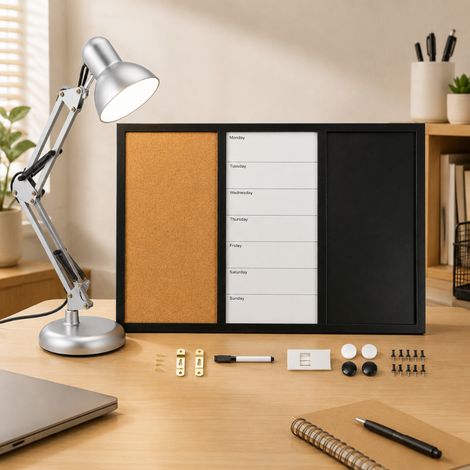 Ensemble de lampes de lecture rétro (2 pièces) – Lampe de bureau réglable argentée et agenda en liège avec tableau blanc 3-en-1 (1/5)
