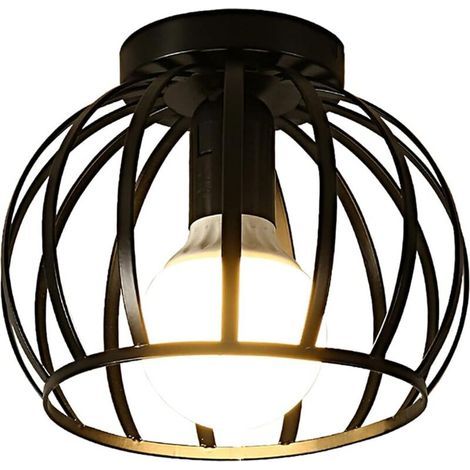 Vintage Ceiling Light, Black Semi-Flush Ceiling Light, Metal Cage Ceiling Lampshade with E27 Socket for Living Room, Kitchen, Bedroom, Hallway, Courtyard