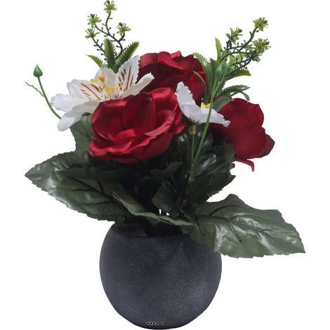 Pot Boule Béton pour Tombe de Rose, Alstromeria, et Orchidées Rouge artificiels - Toussaint - couleur: Rouge