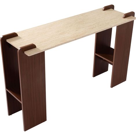 Console au design Art Déco Cezanne 40x120cm Effet travertin Beige et Bois foncé